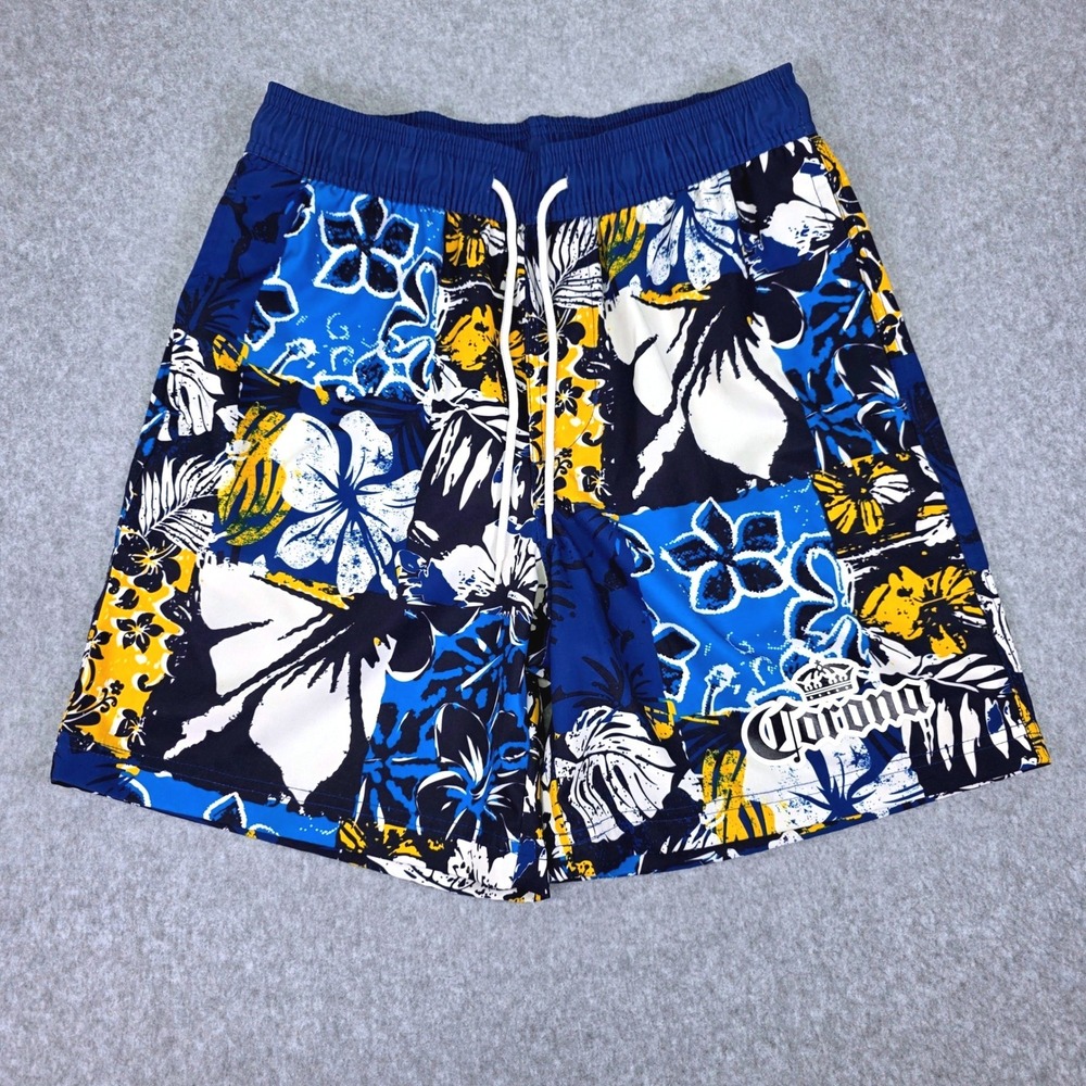 Corona Extra‎ Men's Small Floral Patchwork Swim Trunks Blue Yellow Board Shorts